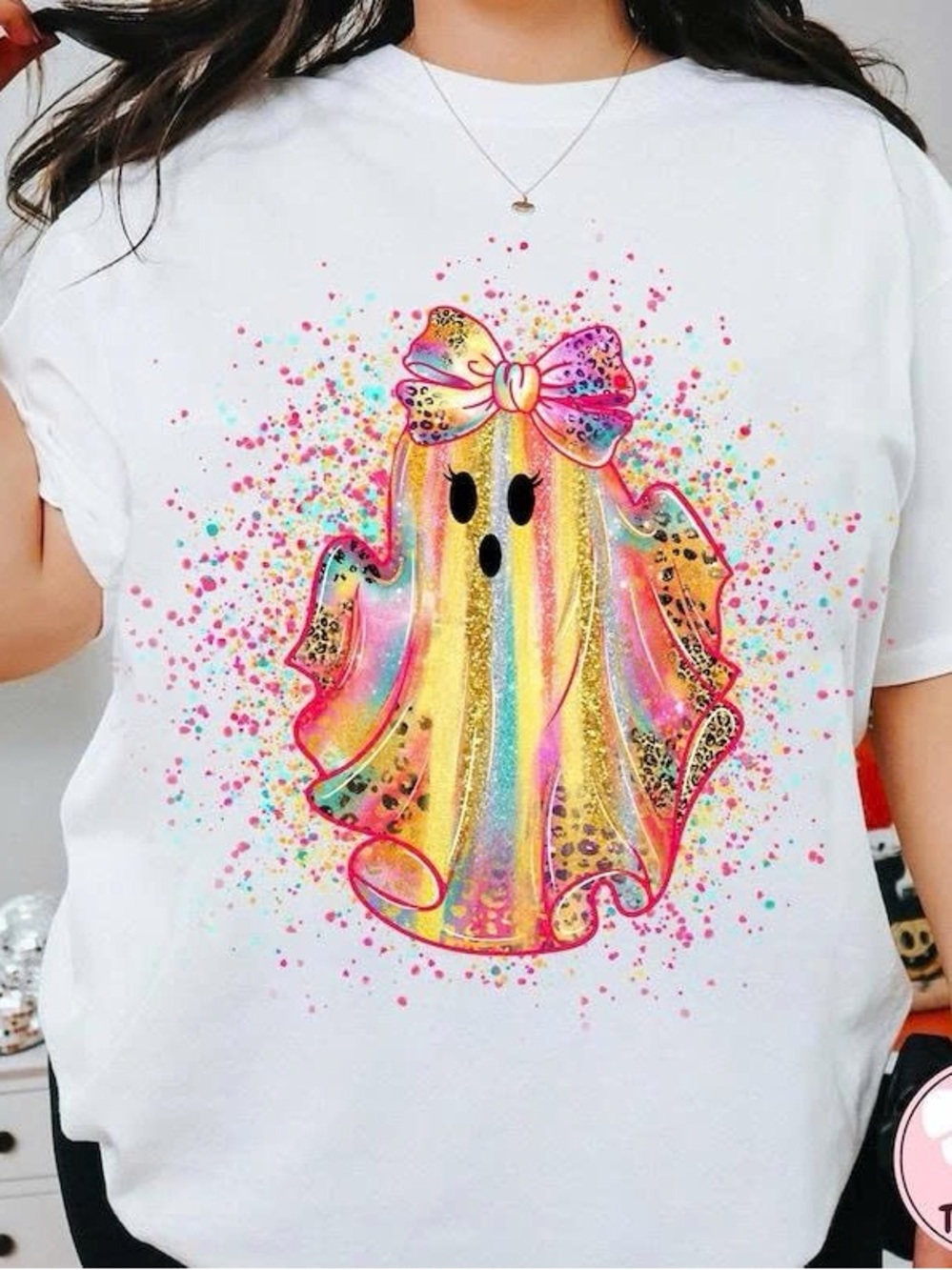 Gildan White Tee with Rainbow Glitter Ghost and Bow